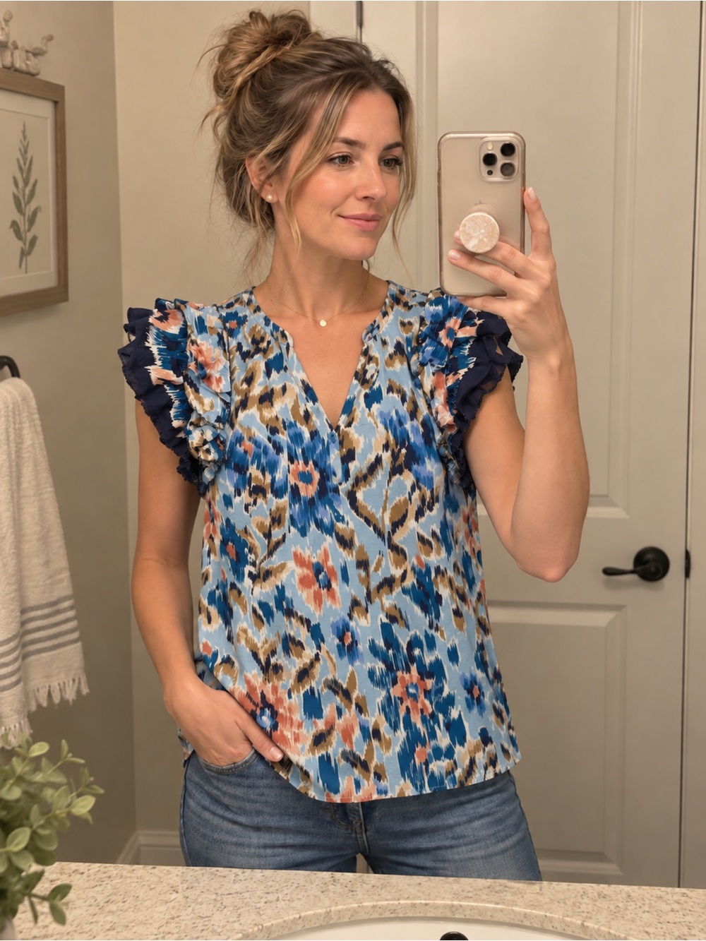 House of Harlow 1960 Zoey Blue Floral Ikat Ruffle Sleeve V-Neck Top small
